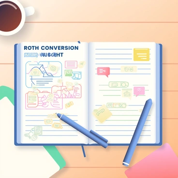 An open journal is placed on a wooden table, showcasing handwritten notes and intricate diagrams. The title "Roth Conversion Insights" is prominently displayed at the top of the left page in a bold and clear font. Various colorful diagrams are sketched around the notes, illustrating concepts related to Roth conversions. A blue pen is resting beside the journal, and a cup of coffee sits nearby, adding a sense of a workspace. The right page features a few highlighted sections with yellow and pink markers. The journal's pages are slightly worn, indicating it has been frequently used.