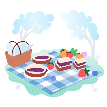 A picnic scene unfolds on a vibrant, checkered blanket spread across a grassy area. There are several beautifully arranged aubergine sandwiches, cut into halves, displaying their rich, deep purple filling. Next to the sandwiches, a collection of fresh fruits in bright hues, like strawberries, oranges, and blueberries, are scattered around. A small basket made of woven straw sits nearby, partially open, with a few napkins peeking out. In the backdrop, trees offer dappled sunlight filtering through their leaves, adding to the inviting atmosphere of the picnic.