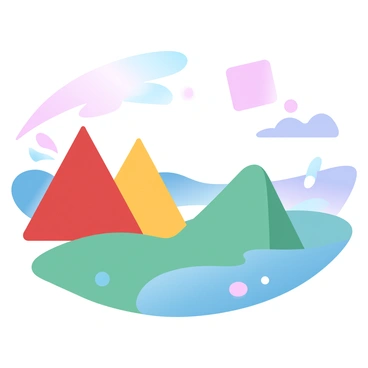 A landscape featuring a series of large geometric shapes in various sizes, including triangles, squares, and circles. The shapes are filled with bold colors such as vibrant red, deep blue, and bright yellow. In the foreground, there is a large green triangle representing a hill, while the background showcases a blue square that appears as a distant lake. Scattered throughout the landscape are several smaller colorful shapes creating a harmonious composition. The sky above is filled with a gradient of pastel colors transitioning from soft pink to light lavender.