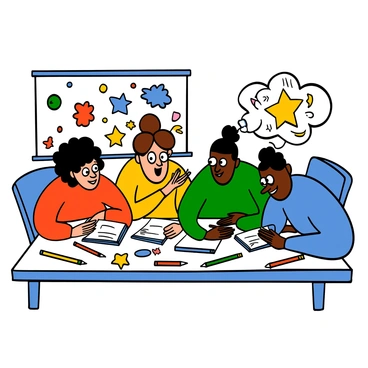 A vibrant brainstorming session taking place in a well-lit room. The table is covered with colorful jelly sketches in various shapes and sizes, showcasing creative ideas. There are also pens and notebooks scattered around the table, some opened with notes written in them. A group of diverse individuals, including a light-skinned woman with big eyes and curly hair, and a dark-skinned man with big eyes and short hair, are animatedly discussing their ideas. They are sitting close together, leaning over the sketches with expressions of excitement and concentration.