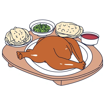 A whole Peking duck, glistening with a golden-brown skin, is placed on a round white platter. The duck is sliced into thin, even pieces, showcasing the tender meat inside. Accompanying the duck are traditional side dishes, including thin rice pancakes stacked neatly, a small dish of hoisin sauce, and a bowl of freshly chopped scallions. The background features a simple wooden table that highlights the colorful presentation of the meal. Each side dish is arranged neatly, enhancing the visual appeal of the dining experience in a Beijing restaurant setting.