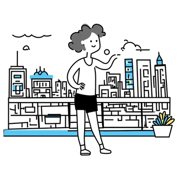 A person performing hip circles on a balcony. The individual is dressed in athletic wear, with a fitted tank top and shorts. They are standing with one hand on their hip and the other raised, emphasizing the movement. The balcony features a simple railing and plants in pots. In the background, a bustling cityscape is visible, filled with tall buildings, a mix of modern and traditional architecture, and busy streets below. The sky is clear with a few clouds, adding to the lively atmosphere.