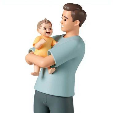 A father, wearing a light blue shirt and dark jeans, is holding a baby in his arms. The baby, with soft, curly hair and a bright yellow onesie, is laughing joyfully, showing off their tiny teeth. The father's face is filled with a wide smile as he looks down at the baby, creating a warm and loving connection between them. Sunlight filters in, casting a soft glow around them, enhancing their joyful moment together.