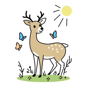 A roe deer standing gracefully in a clearing. The deer has a light brown coat with white spots and large, expressive eyes. Surrounding the deer are various colorful butterflies, with vibrant wings of blue, yellow, and orange fluttering around. Sunlight filters through the leaves above, creating dappled patterns on the ground around the deer. The scene is filled with lush green grass and small wildflowers scattered throughout the clearing.
