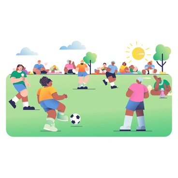 A vibrant scene depicts an informal soccer game taking place on a green field. Men, women, and children of various ethnicities and ages are playing together, showcasing a spirit of community. Some players are wearing colorful jerseys, while others are in casual t-shirts and shorts. On one side, a young girl with curly hair dribbles the ball, focused and determined. Nearby, an older man with graying hair is cheering, clapping his hands in encouragement. In the background, several community members are watching from picnic blankets, enjoying snacks and drinks. A few trees border the field, and the sun is shining brightly, casting playful shadows on the grass.