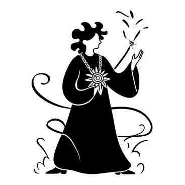 A black-and-white illustration of a woman with wild, untamed hair, dressed in a dark, flowing robe. She is holding a necklace that appears ominously ornate, with intricate designs and a central pendant that seems to radiate a sinister aura. The woman is positioned with a slight lean, implying a sense of urgency or threat. Shadows cast across her figure enhance the tension. The background is filled with swirling mist, adding to the mysterious atmosphere surrounding her and the cursed necklace. The scene captures a moment of dark intent and danger.
