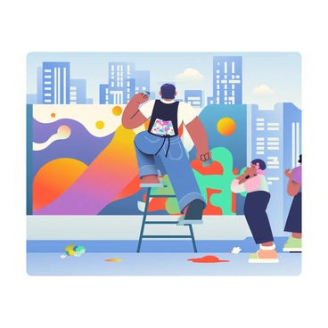 A street artist altering a mural on a city wall, adding vibrant new colors