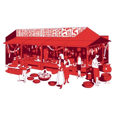 A bustling Goan market with stalls selling local handicrafts