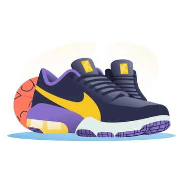 A pair of basketball shoes are displayed prominently in the center of the image. The shoes are predominantly black with vibrant purple and gold accents, reflecting "Kobe Bryant's signature style." The design features sleek lines and a modern silhouette, with an embossed "K" logo on the tongue. The laces are tightly secured, and the soles are designed for maximum grip, showcasing a unique tread pattern. A basketball and a textured hardwood floor are subtly visible in the background, emphasizing the athletic theme of the image.