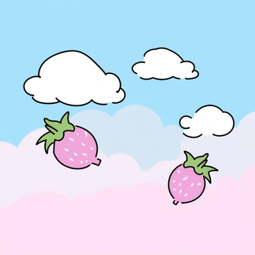 A sky painted in soft pastel shades of blue and pink. Fluffy white clouds resemble dragon fruits, with vibrant green leaves and the pinkish-red skin dotted with tiny white scales. The dragon fruit clouds float gently across the horizon, casting subtle shadows on the serene background. The sunlight filters through, creating a warm glow that enhances the whimsical scene.