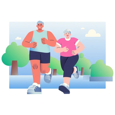 An elderly couple is jogging side by side along a scenic riverside. The man has gray hair and is wearing a light blue tank top and dark shorts. The woman has short, curly white hair and is dressed in a pink t-shirt and black leggings. They both have bright smiles on their faces, showcasing their joy. The river flows gently beside them, with green trees lining the banks and a clear blue sky overhead. In the background, a few fluffy white clouds drift lazily across the horizon.