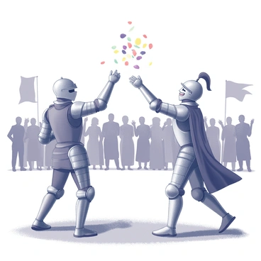 Two knights in full armor are engaged in a playful exchange, tossing flower petals at one another. The knights stand on a grassy area, surrounded by cheering spectators dressed in medieval attire. One knight, with a shining helmet and detailed engravings on his armor, has his arm raised, preparing to throw a handful of colorful petals. The second knight, sporting a plume on his helmet, is laughing and ready to catch the petals mid-air. In the background, banners and flags flutter, adding to the festive atmosphere of the tournament celebration. The ground is scattered with petals, creating a vibrant scene of joy and camaraderie.
