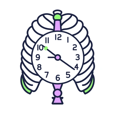 A wall clock is positioned prominently in the center of the image. The clock features a circular face with bold numbers marking the hours. The clock hands are moving around the frame, which is designed to resemble a rib cage. The rib cage structure is detailed, showcasing the individual ribs in an organized manner. The clock's hands are distinct, with one pointed and one thicker, indicating the time. The combination of the clock and the rib cage creates a striking visual contrast, emphasizing the unique design.