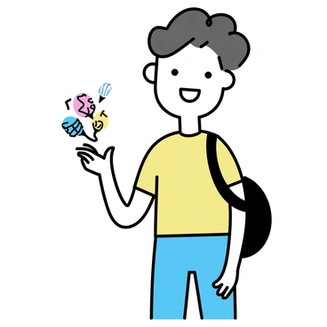 A smiling musician with wavy hair is standing while holding a few guitar picks in one hand. Each pick features different colorful designs, showcasing various patterns and artwork. The musician is wearing a casual shirt and jeans, with a guitar slung over their shoulder. The setting is simple, highlighting the musician's joyful expression and the vibrant picks.