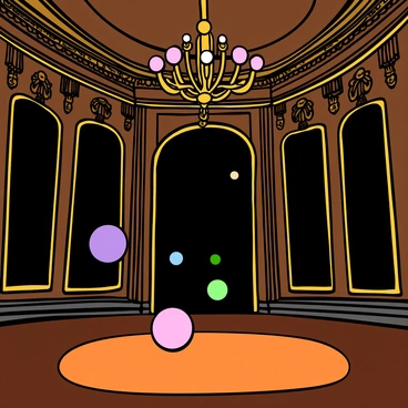 A large, elegant ballroom with high ceilings and ornate chandeliers. "Floating, glowing orbs" of various sizes and colors are suspended in the air, casting soft light that illuminates the dark corners of the room. The floor is polished wood, reflecting the warm glow of the orbs. Richly decorated walls showcase intricate moldings and large mirrors, enhancing the grandeur of the space. The atmosphere feels magical and inviting, with hints of mystery in the dimly lit areas.