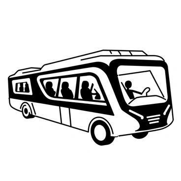 A futuristic bus has a streamlined body with smooth, sleek lines, creating an aerodynamic appearance. Its exterior features large, tinted windows that curve seamlessly along the sides. The bus is equipped with advanced technology, including digital displays on the front and side, showcasing route information. The wheels have a unique, innovative design that enhances efficiency. At the front, there are LED headlights integrated into the shape of the bus. The roof has solar panels, emphasizing sustainability. The overall design suggests a comfortable and spacious interior, with ergonomic seating visible through the windows.