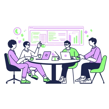 A group of four developers is engaged in a discussion at a circular workstation. Each developer is seated on a modern chair that complements the circular table in the center. On the table, there are various laptops open, displaying lines of code and software interfaces. One developer, with curly hair, is pointing at a laptop screen, while another, wearing glasses, takes notes on a notepad. The third developer has headphones on, listening intently, while the fourth is leaning forward, contributing ideas. Around them, there are several colorful sticky notes scattered on the table, along with mugs filled with coffee. A large wall-mounted screen behind them shows a software dashboard with graphs and charts related to their project.