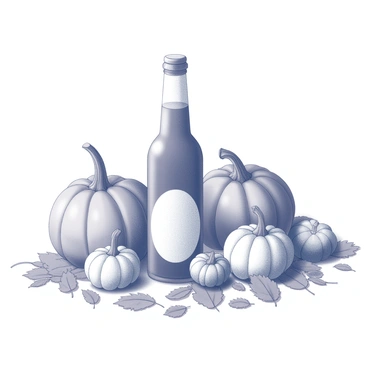 An outdoor scene depicting autumn elements. There are several pumpkins of varying sizes scattered across the ground. Surrounding the pumpkins are a multitude of fallen leaves, creating a textured carpet of organic shapes. At the center of the composition, there is a bottle of fire cider, standing upright, with its label facing forward. The scene conveys the essence of the autumn season through the arrangement of pumpkins and the colorful leaves.