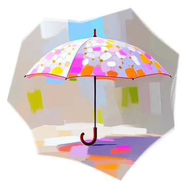 An umbrella with a curved handle, featuring a vibrant pattern of blooming blossoms in various shades of pink, white, and yellow. The flowers are arranged in an intricate design that covers the entire canopy of the umbrella. The fabric of the umbrella is slightly reflective, enhancing the colors of the blossoms. The background shows a hint of greenery that complements the floral pattern, creating a lively and cheerful atmosphere. The umbrella is open and positioned as if it is being used to shield from the sun.