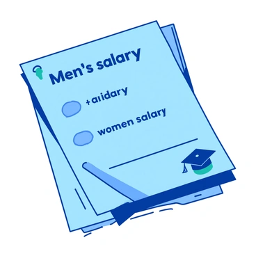 A blue report card is opened, showcasing high marks in bold text for "men's salary" in the upper section. Below, there are lower marks displayed for "women's salary" in a contrasting color. The card has a neat layout with a white border and features a small teal icon of a graduation cap in one corner. The overall appearance of the report card conveys a sense of academic evaluation.