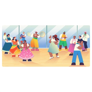A dance studio with participants learning traditional dances from various cultures
