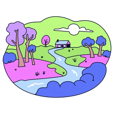 A landscape with rolling hills that mimic a familiar setting. The sky is vibrant with unusual shades of green and purple, casting an eerie light over the scene. Trees have elongated trunks and twisted branches that stretch unnaturally towards the distorted horizon. The ground is uneven, with patches of grass in odd, unnatural colors. In the distance, a small house stands at an angle, its windows skewed and rooflines warped. A river flows through the scene, its waters swirling in unexpected directions, reflecting the strange hues of the sky.