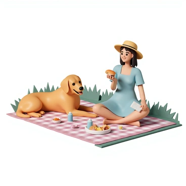 A dog, a golden retriever with a shiny coat, is lying on a checkered picnic blanket. Beside the dog, its owner, a woman wearing a light blue dress and a sunhat, is sitting cross-legged. She is smiling as she holds a sandwich in one hand and a bag of chips in the other. Various snacks are spread out on the blanket, including a fruit bowl and juice boxes. The scene is set in a park with green grass and a few trees in the background, providing a cheerful atmosphere for their picnic.