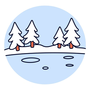 A serene winter landscape with snow-covered trees and a frozen lake