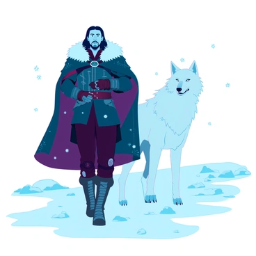 Jon Snow, a man with dark hair and a rugged face, is walking through a snowy landscape. He is dressed in a heavy dark cloak with intricate fur lining and leather armor beneath. Beside him, his direwolf, Ghost, has a thick white coat and fierce, piercing eyes. The ground is covered in a thick layer of snow, and snowflakes are gently falling around them. The atmosphere is cold and crisp, enhancing the sense of winter in the scene.