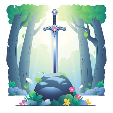 A legendary sword with a gleaming silver blade is embedded in a large, moss-covered stone at the center of the image. The hilt of the sword is ornate, featuring intricate designs and a glowing gemstone set in the pommel. Surrounding the stone is a lush, mystical forest filled with tall, ancient trees with twisted trunks and vibrant green leaves. Soft beams of light filter through the canopy, casting dappled shadows on the ground. Various colorful flowers and ferns grow around the base of the stone, adding splashes of color to the scene. In the background, ethereal wisps of light float between the trees, enhancing the enchanting atmosphere of the forest.