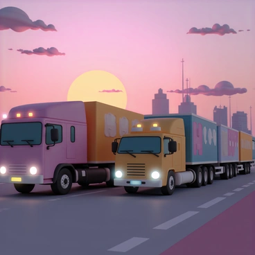 A line of several large trucks, each with distinct colors and designs, is stuck in traffic on a busy road. The trucks are closely spaced, with some showing cargo of various shapes. The sun is setting in the background, casting vibrant orange, pink, and purple hues across the sky. In the distance, the city skyline is silhouetted against the colorful sunset, featuring tall buildings and structures. The scene captures the details of the trucks’ headlights and brake lights, which are illuminated as the evening approaches.