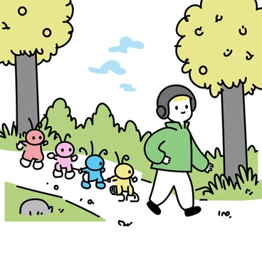 A character resembling "Captain Alph" is walking confidently in a lush forest. He is wearing a green jacket and a helmet, leading a group of colorful "Pikmin" behind him. The forest is filled with tall, green trees and vibrant plants, with dappled sunlight filtering through the leaves. The Pikmin, in various colors such as red, blue, and yellow, are following closely, some carrying small objects. The ground is covered with soft moss and scattered leaves, adding texture to the scene.