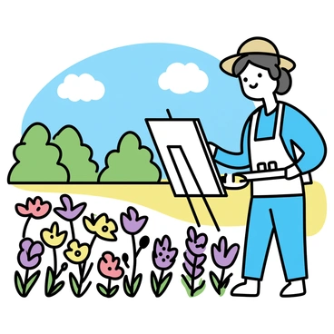 A painter, wearing a blue shirt and a straw hat, is standing in a vibrant flower field filled with various colorful flowers like red poppies, yellow daisies, and purple lavender. The painter is holding a palette with paint and a brush, focused on a canvas positioned on an easel. In the background, there are green trees and a clear blue sky, providing a serene natural setting. The sunlight casts gentle shadows across the scene, highlighting the vivid colors of the flowers.