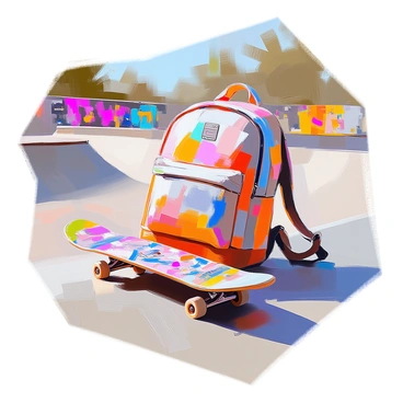 A vibrant backpack with various patches and designs is lying on a skate park ramp. Attached to the side of the backpack is a sleek skateboard with a bold graphic design on the underside. The ramp is made of smooth wood, and in the background, there are ramps and rails, along with graffiti-covered walls, depicting an energetic skateboarding atmosphere. The sunlight casts dynamic shadows on the ramp, emphasizing the contours of the skate park.