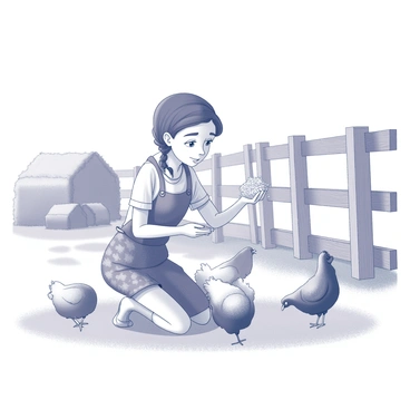 A cartoon girl with braided hair is kneeling down in a farmyard. She is holding a handful of grain and feeding the chickens that are eagerly gathered around her. The girl is wearing a simple dress with short sleeves and a patterned apron. The chickens are depicted in various poses, some pecking at the ground while others are clucking. The farmyard setting includes a wooden fence in the background and patches of grass under a clear sky. There are also a few scattered hay bales around the scene.