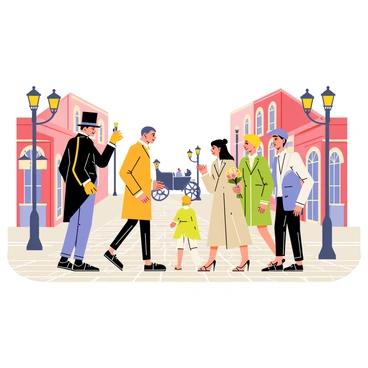 A Victorian-era street scene featuring cobblestone pathways and gas street lamps. A gentleman is dressed in a classic top hat and tailcoat, carrying a baluchon slung over his shoulder. He is tipping his hat respectfully to several passersby, including a lady in a long, elegant dress and a child holding a small bouquet of flowers. The background shows brick buildings with ornate facades, and a horse-drawn carriage is seen in the distance, adding to the bustling atmosphere of the street.