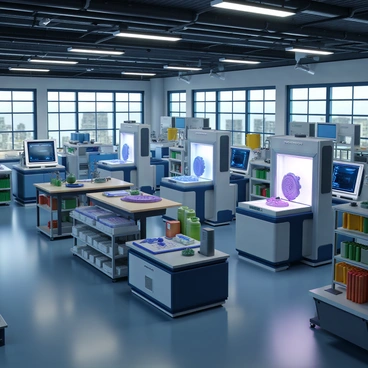 A futuristic factory interior filled with advanced 3D printers in operation. The scene features multiple large 3D printers, each with intricate designs emerging from their nozzles. The printers have sleek, metallic exteriors and bright LED lights indicating their status. Surrounding the printers are various materials, such as filaments and resin, neatly organized on shelves. The factory has a high-tech atmosphere, with glass walls showing engineers monitoring the processes on digital screens. The ceiling is lined with overhead lights and ducts, contributing to a modern industrial aesthetic.
