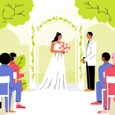 A wedding ceremony scene set in a garden. The bride, wearing a flowing white gown, is standing in front of an ornate altar decorated with white flowers and green vines. She is holding a vibrant bouquet of mixed flowers in shades of pink and white. There are guests seated on either side, dressed in formal attire, watching the ceremony. Soft sunlight filters through the trees, casting gentle shadows on the ground. The atmosphere is filled with elegance and celebration.
