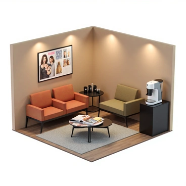 A cozy waiting area in a salon featuring soft, comfortable seating arranged around a small coffee table. The table is topped with an assortment of glossy magazines, showcasing various beauty and fashion trends. A sleek coffee machine sits on a side counter, surrounded by mugs and coffee supplies. The walls are painted in warm tones, contributing to the inviting atmosphere. Soft lighting illuminates the space, creating a relaxed ambiance for clients as they await their appointments.