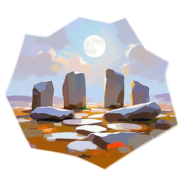 An ancient stone circle stands majestically under a moonlit sky, with a full moon casting a silvery light on the weathered stones. The stones are large and rough-hewn, arranged in a circular formation. Wisps of mist weave through the space between the stones, adding an ethereal quality to the scene. The sky is dotted with a few soft, fluffy clouds illuminated by the moonlight. The surrounding landscape is softly blurred by the mist, with hints of distant trees and hills barely visible.