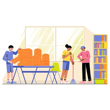 A classroom filled with colorful desks and chairs, where students are completing end-of-day chores. One student is stacking orange chairs on a blue table, carefully placing them one on top of the other. Another student is sweeping the wooden floor with a red broom, collecting dust into a green dustpan. A third student is organizing a shelf filled with books, making sure everything is in order. Sunlight streams through the large windows, casting warm light across the scene.