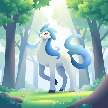 Suicune is standing majestically in the center of a misty forest. The forest is filled with tall trees that have lush green leaves. Beams of sunlight filter through the branches, creating patches of light on the forest floor. Soft mist swirls around Suicune, partially obscuring its body. The ground is covered with a carpet of vibrant green moss, dotted with small wildflowers in various colors. In the background, hints of other trees can be seen, adding depth to the scene. Suicune's flowing blue mane and elegant features glisten as the sunlight catches on its fur.