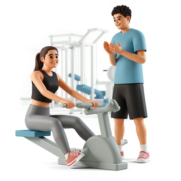 Two friends are in a gym, taking turns using a seated row machine. One friend, a woman with long brown hair tied in a ponytail, is seated on the machine, pulling the handles towards her torso with focused determination. She is wearing a black tank top, grey leggings, and red sneakers. The other friend, a man with short curly hair, stands next to her, clapping his hands and smiling, wearing a blue t-shirt and black shorts. Behind them, gym equipment is visible, with bright lighting illuminating the space. They are both encouraging each other with expressions of enthusiasm and support.