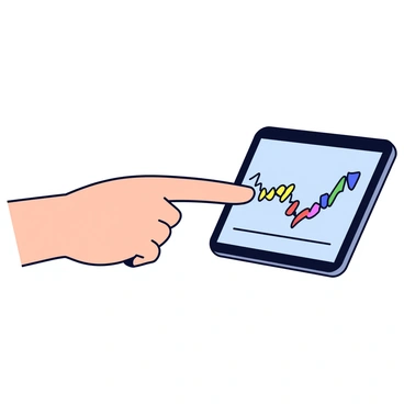 A close-up of a hand with a light skin tone, pointing at a Forex graph displayed on a digital tablet. The graph features fluctuating lines in various colors, indicating market trends. The tablet has a sleek, modern design with a black frame. The background is blurred, emphasizing the hand and the graph. The lighting is bright, highlighting the details of the hand and the screen.