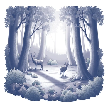 A dense forest filled with a variety of plants and animals. The ground is covered with a thick layer of fallen leaves and ferns, while towering trees stretch upward toward the canopy. Sunlight filters through the leaves, creating dappled patterns on the forest floor. Among the trees, various animals can be seen, including a deer cautiously grazing and a squirrel climbing a nearby trunk. Lush greenery surrounds the area, with clusters of shrubs and wildflowers adding to the diversity of the scene.