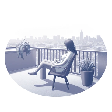 A person sitting comfortably on a balcony, leaning back against a chair. The individual has a relaxed posture, with one arm resting on the armrest and the other holding a beverage. The balcony features a low railing adorned with potted plants, providing a sense of greenery. In the background, a panoramic view of a city skyline is visible, including tall buildings and rooftops. The scene suggests a light, refreshing breeze as the person's hair gently sways.