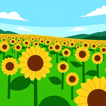 A vast field filled with bright yellow sunflowers, all facing towards the sun. The sunflowers have large, round faces with dark centers and vibrant green leaves. The field stretches endlessly in all directions, creating a sense of depth. The midday sun casts strong shadows beneath the flowers, and the sky above is a clear blue with a few fluffy white clouds scattered throughout. The scene captures the brilliance of the sunflowers in full bloom, radiating warmth and life.