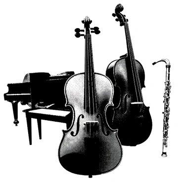 A wooden violin is positioned prominently in the center, showcasing its elegant curves and fine details. Next to it, a silver flute rests, with its shiny surface reflecting light. In the background, there are additional instruments like a grand piano with intricate features and a cello with a glossy finish. The arrangement highlights the various shapes and sizes of each instrument, creating a harmonious composition. The entire scene is crafted to emphasize the craftsmanship and artistry of each musical piece.
