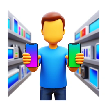 A person standing in an electronics store, holding two smartphones in each hand. The smartphones are sleek and modern, showcasing vibrant screens and advanced features. The person, with short brown hair, is wearing a casual outfit consisting of a blue t-shirt and jeans. Various electronic devices and displays are visible in the background, creating a lively shopping atmosphere. The person’s expression is focused and contemplative as they examine both smartphones closely.