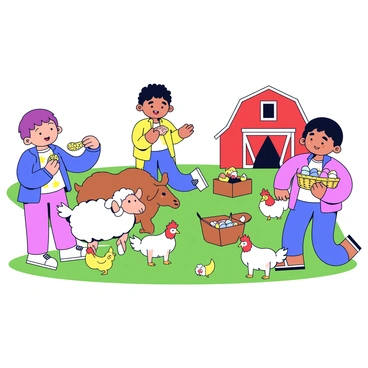 A group of children joyfully feeding various animals at a lively farm. One child is holding a handful of grain and is feeding a fluffy white sheep. Another child is crouched down, gently petting a curious brown goat. Nearby, a third child is carefully collecting fresh eggs from a wooden nesting box, placing them into a wicker basket. The farm setting includes a red barn in the background and green grass underfoot, with a few chickens wandering around. The atmosphere is vibrant and filled with playful interaction between the children and the animals.